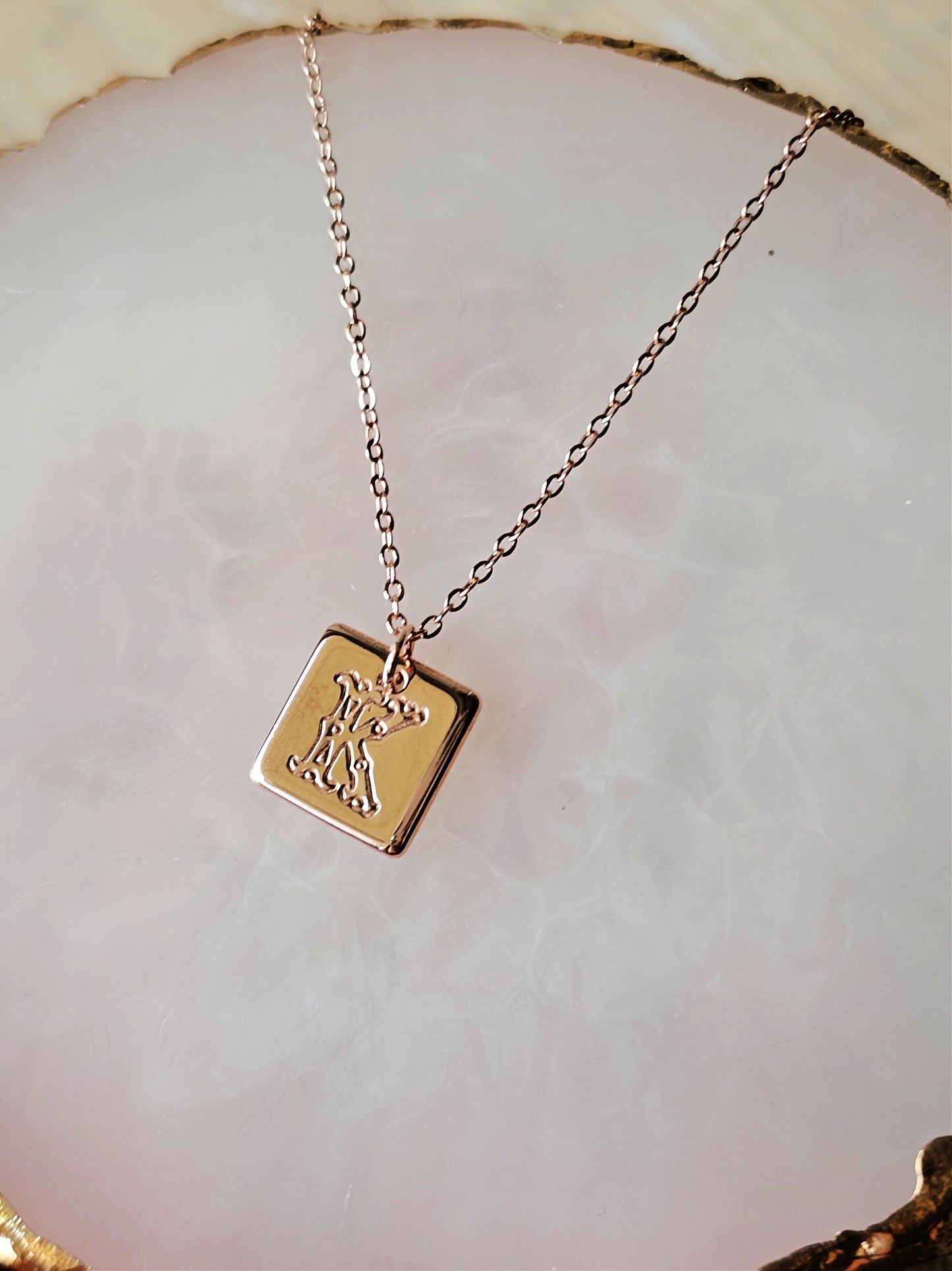 Dainty Rose Gold Squared Necklace | Rose Gold Stamped Initial Necklace | Personalized Necklace