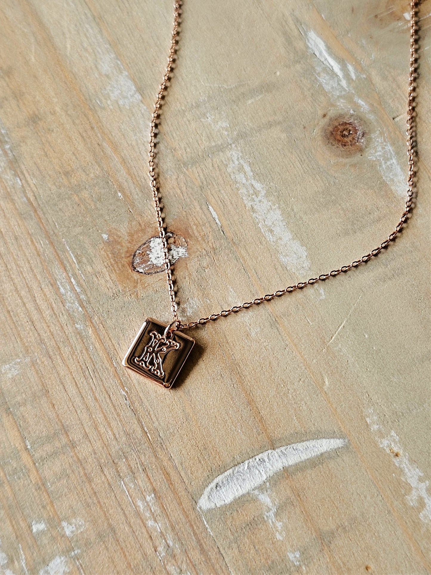 Dainty Rose Gold Squared Necklace | Rose Gold Stamped Initial Necklace | Personalized Necklace