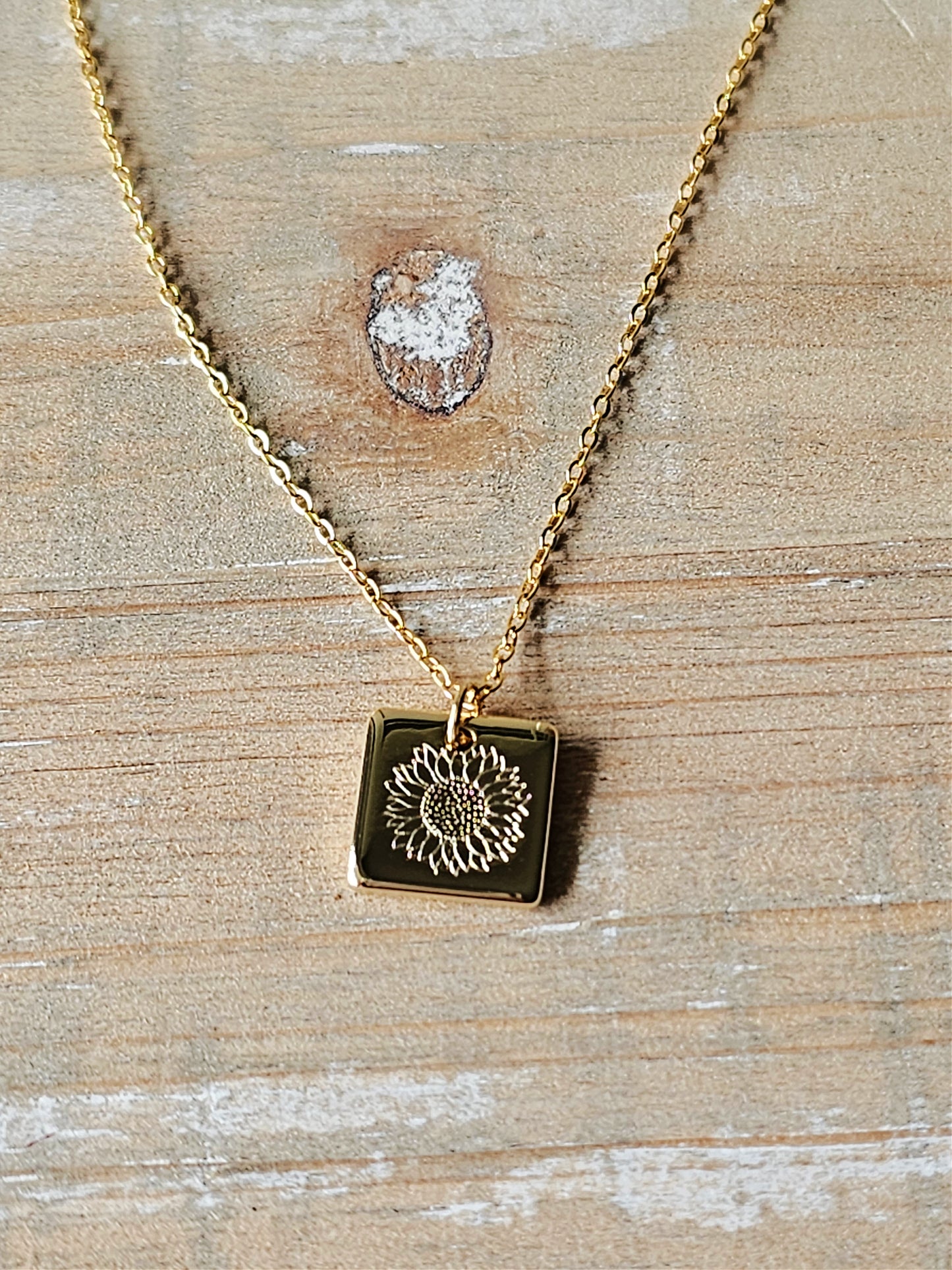 Dainty Gold Squared Sunflower Necklace | Gold Stamped Necklace | Silver Sunflower Necklace