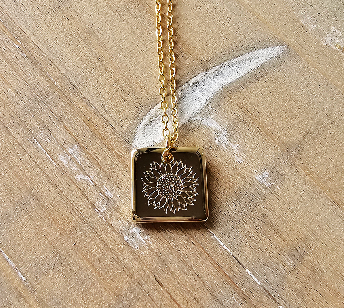 Dainty Gold Squared Sunflower Necklace | Gold Stamped Necklace | Silver Sunflower Necklace