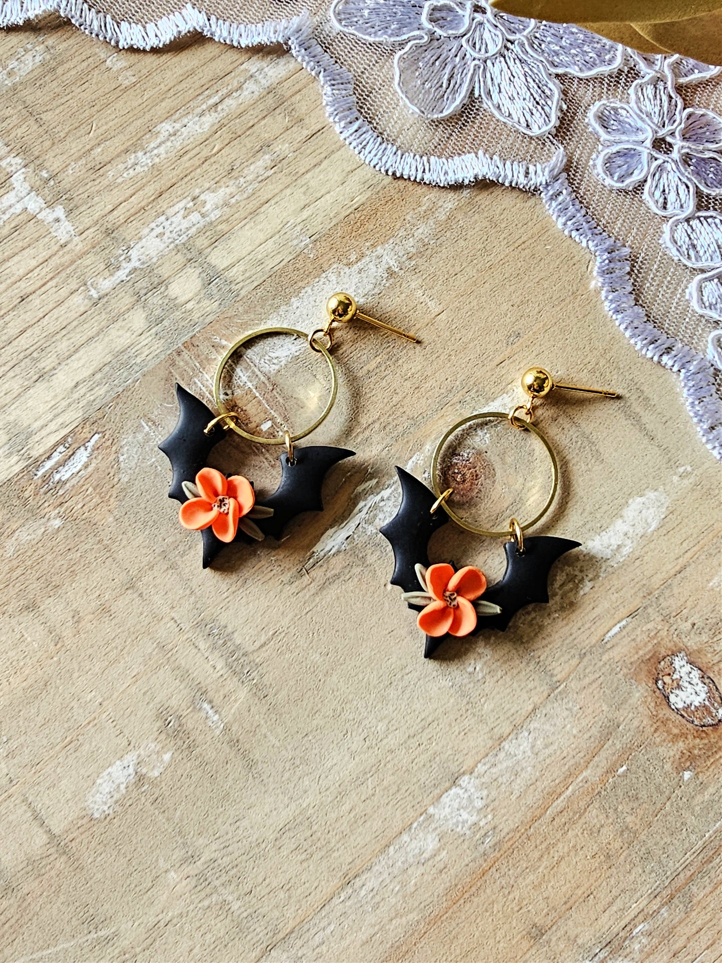 Floral Bat Clay Earrings | Bat Earrings | Halloween Earrings | Halloween Jewelry | Polymer Clay Earrings
