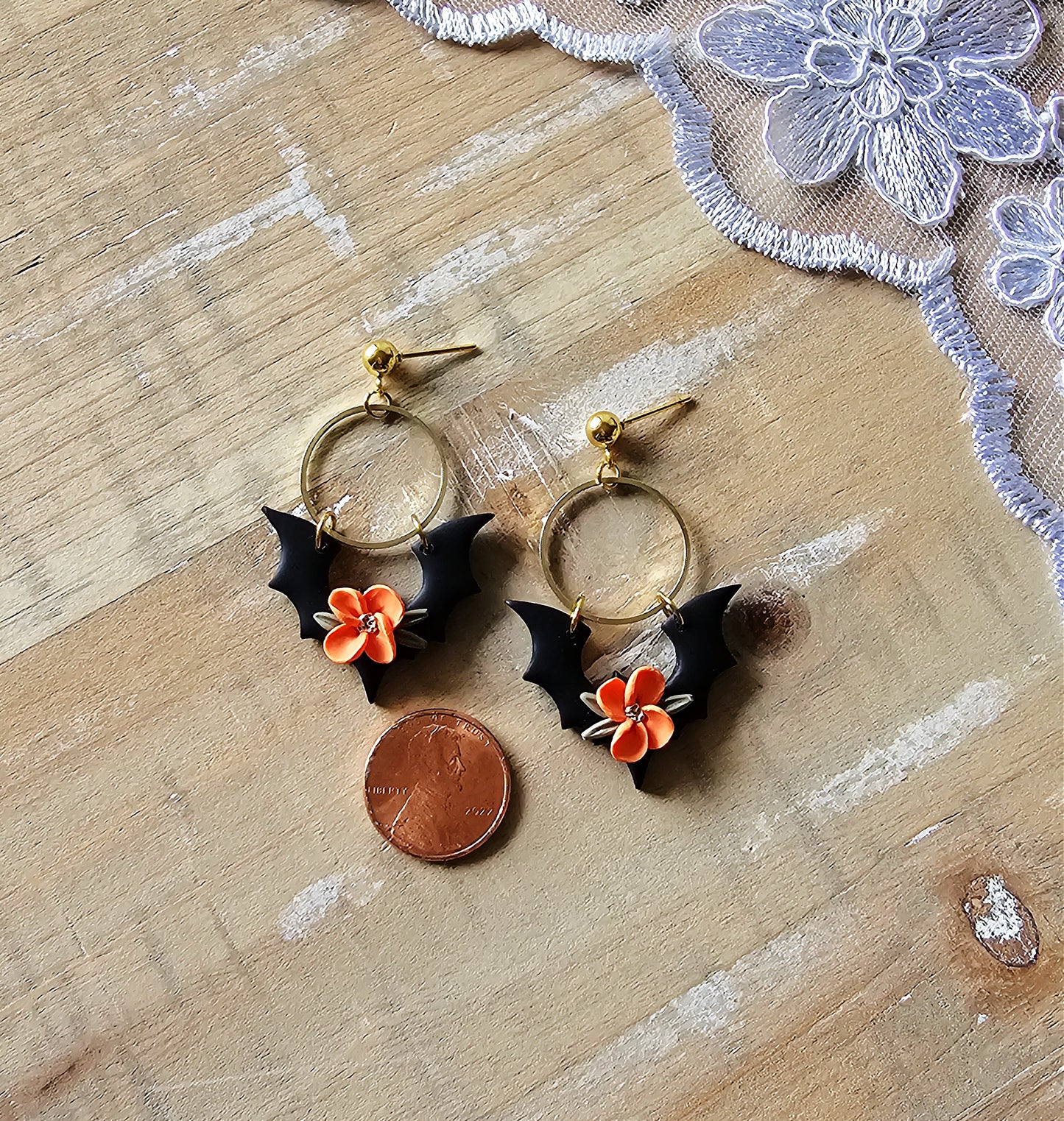 Floral Bat Clay Earrings | Bat Earrings | Halloween Earrings | Halloween Jewelry | Polymer Clay Earrings