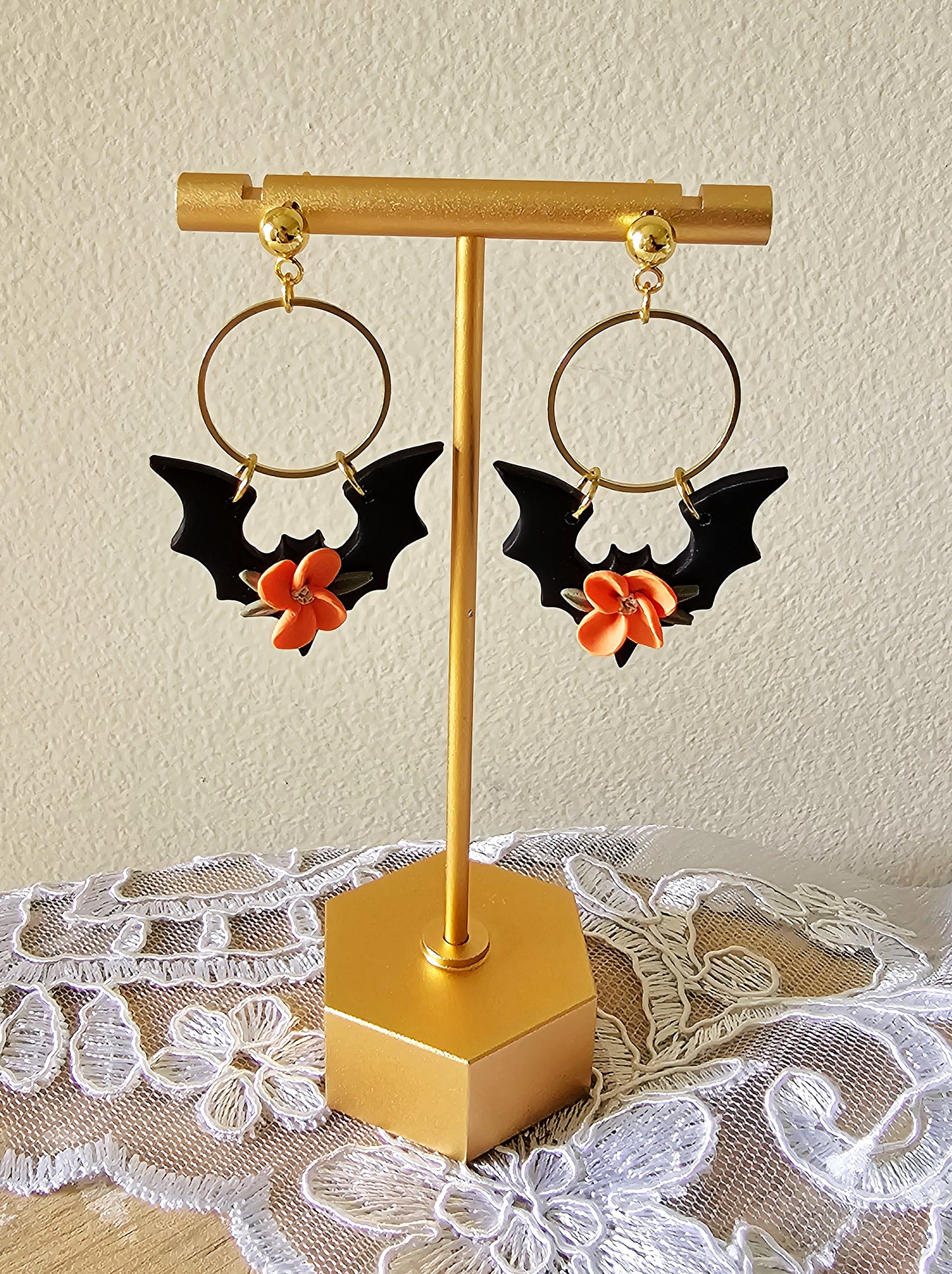 Floral Bat Clay Earrings | Bat Earrings | Halloween Earrings | Halloween Jewelry | Polymer Clay Earrings